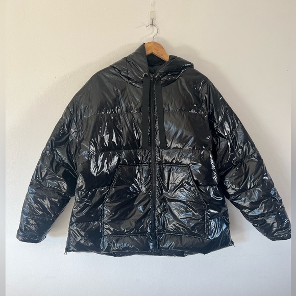 Essentiel Antwerp Black Gloss Oversized Quilted Duck Down Hooded Puffer Jacket - Picture 1 of 16